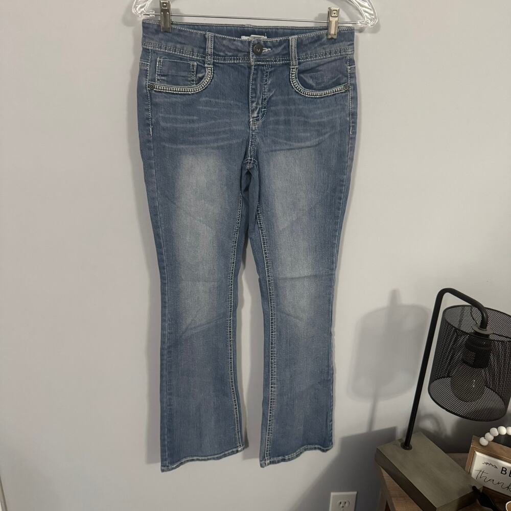 Mudd Girls Light Wash Flare Leg Jeans Girls Size 14 Embroidered Detail Pockets